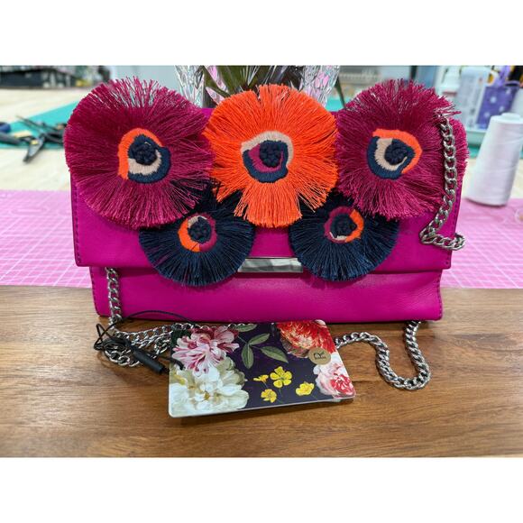 Loeffler Randall Leather Floral Fringe Clutch Bag Pink Chain Strap Y2K Designer - Picture 3 of 10